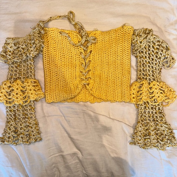 Handmade Yellow and Gold Crochet Off-Shoulder Top - Picture 4 of 5